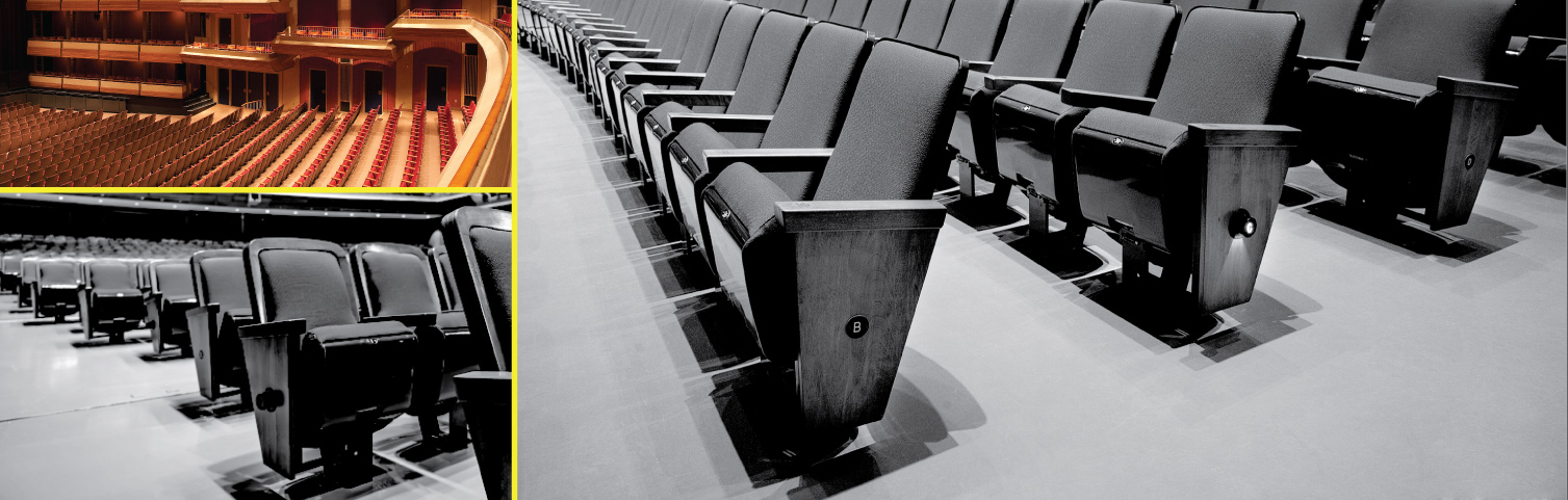 Theatre seats inside an empty theatre.