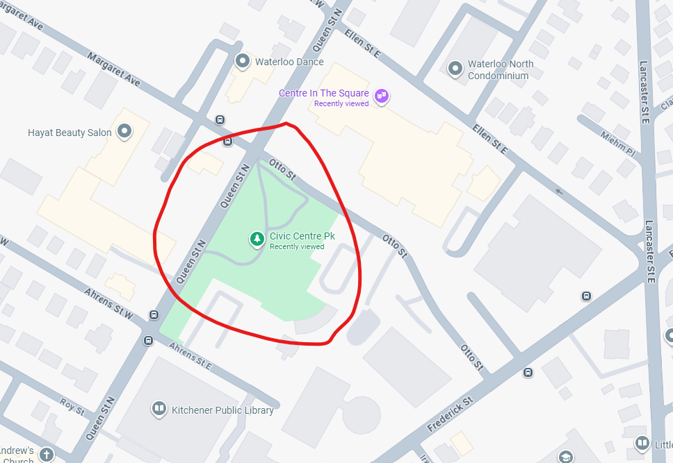 Map showing Civic District Park location beside Centre In The Square