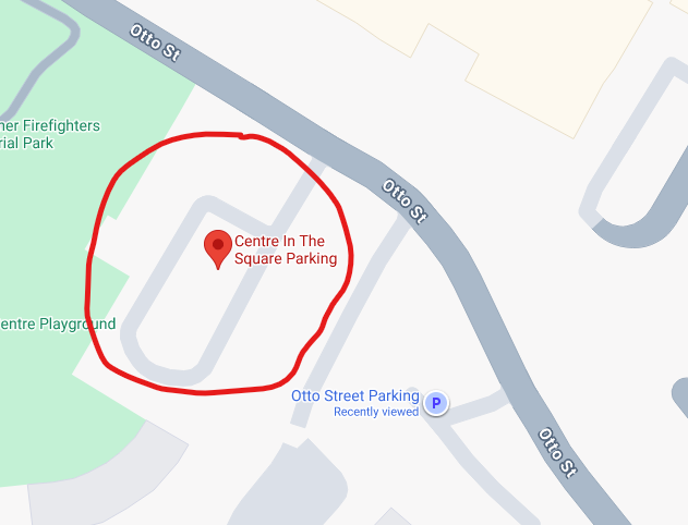 Map showing Otto Street parking lot near Centre In The Square